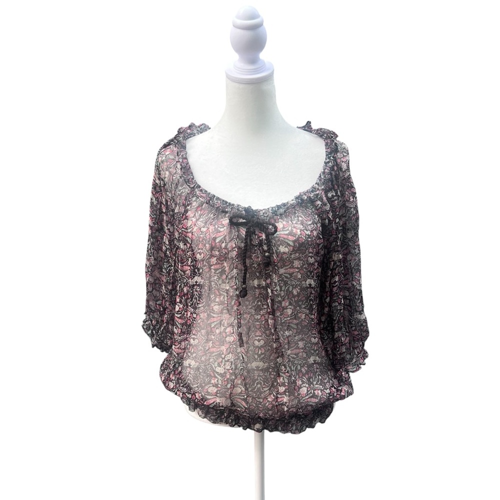 Ella Moss Sheer Floral Silk Boho‎ Peasant Blouse Black and Pink Size Small